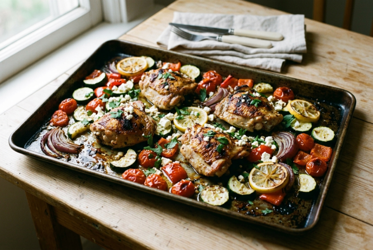 Greek Sheet Pan Chicken Thighs and veggies: An Easy Mediterranean Sheet Pan Dinner